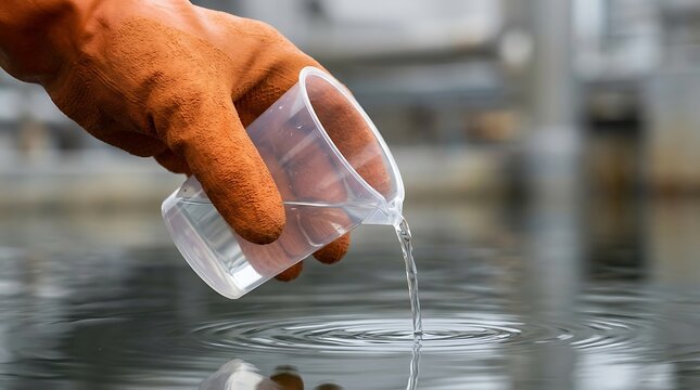 Close-up of a hand in an orange rubber glove pouring clear liquid from a plastic beaker into dark water, creating visible ripples and reflections