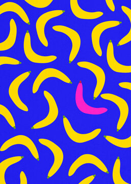 One pink banana stands out among yellow fruit on a blue background