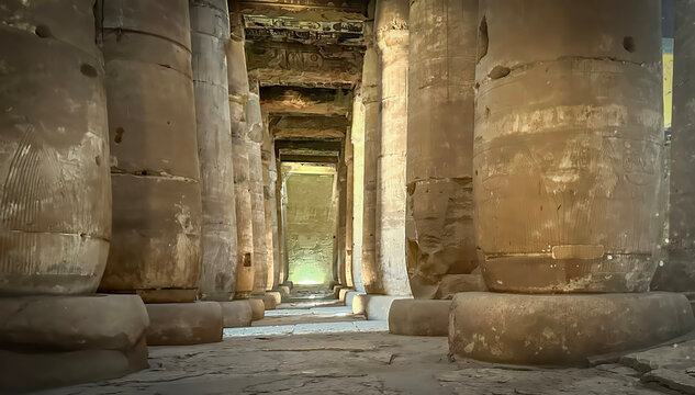 Beautiful interiors and ancient hieroglyphs in the Temple of Seti I in Abydos, Egypt.