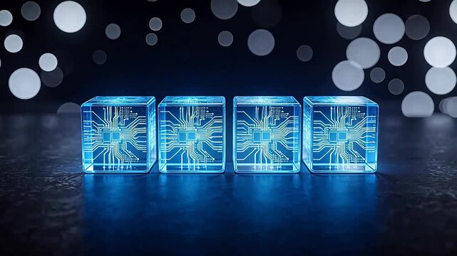 Four glowing circuit cubes in a row