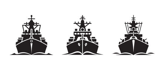 Set of Military Warship Icons Featuring Front View Naval Vessels in a Minimalist Vector Style. © NadimStoker