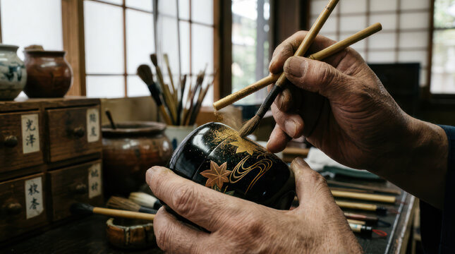 Artisan meticulously crafts intricate detail on lacquered bowl using fine brushes.