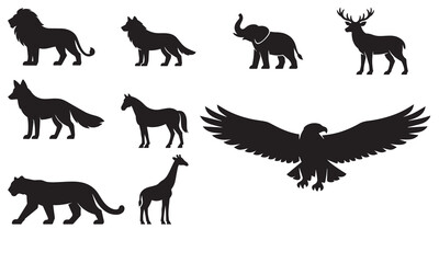 Obraz premium Animal Silhouette Collection – 10 Black Wildlife Vector Icons Set Including Wolf Lion Elephant Deer Fox Tiger Horse Eagle Owl and Giraffe