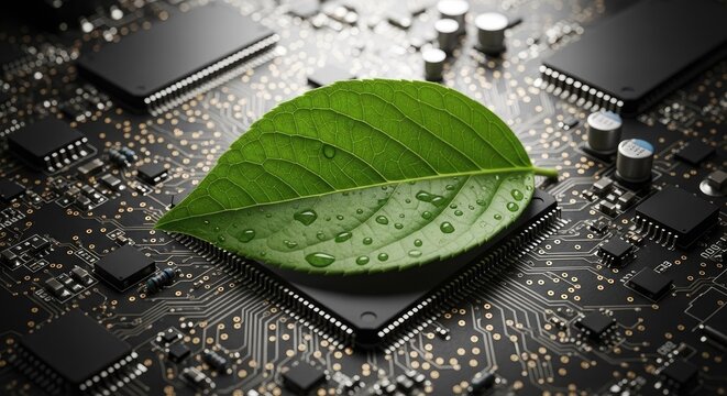 Green dewy leaf on computer circuit board.