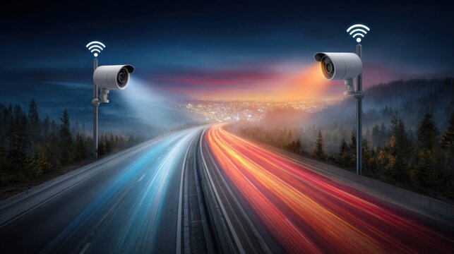 High-Tech Surveillance Cameras Overlooking Highway with Wifi Signals at Sunset in a Futuristic Landscape