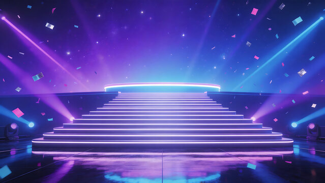 Neon illuminated stage with stairs