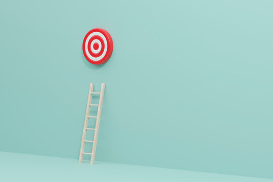 3D render of a ladder leading to a red target on a blue wall