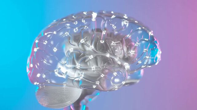 Glossy anatomical brain model with cyan and magenta rim lights, smooth gradient backdrop, reflective surface, centered medical concept, polished studio presentation with rich contrast