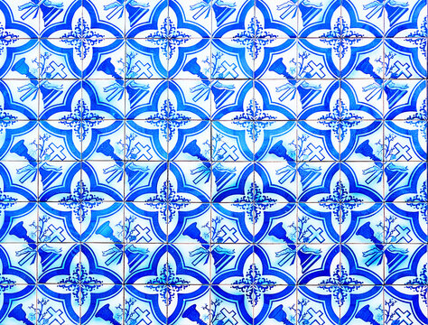 Full frame of blue colored mosaic wall with square tiles