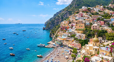 Beautiful colorful coastal village along the Amalfi Coast overlooking the Mediterranean Sea, one of Italy's most famous travel destinations