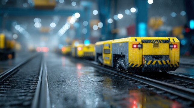 Detailed View of Model Trains in Industrial Setting with Yellow Transportation Vehicles on Rainy Rails in a Warehouse Environment