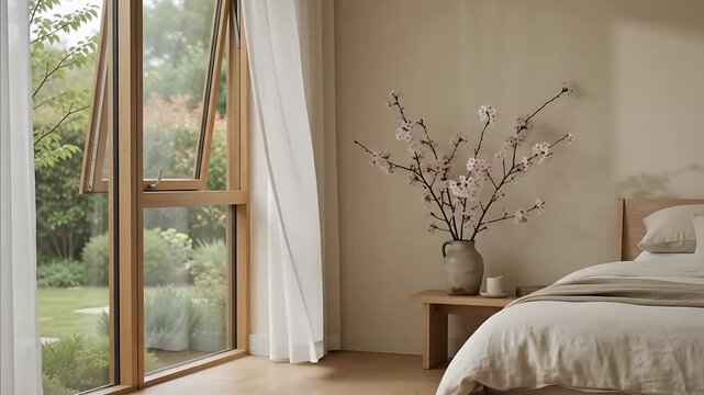 Serene Minimalist Bedroom with Garden View and Blooming Cherry Blossoms