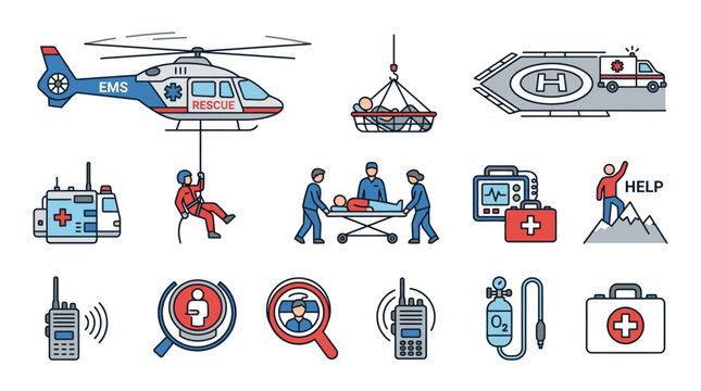 Emergency medical services, rescue icons, helicopter, ambulance, first aid, medical team