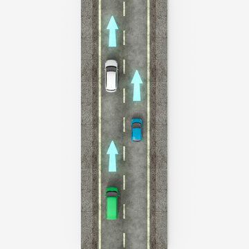 Top down 3D rendering of car traffic on road with direction arrow