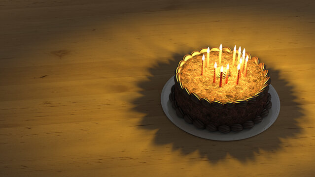A lit birthday cake sits on a wooden table indoors