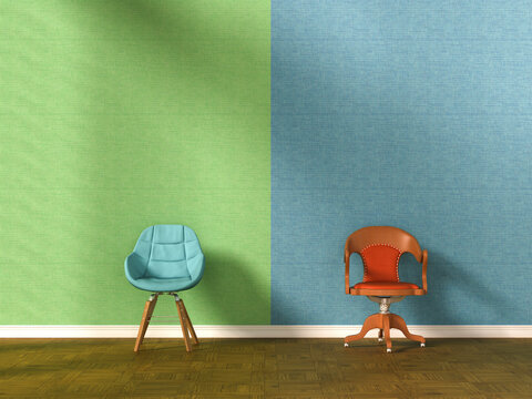 Two different chairs stand against a colorful wall indoors