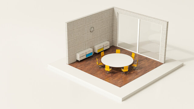 A 3d rendering shows a tiny symbolic meeting room with a table