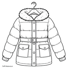 Black and white line art illustration of a winter puffer jacket with a fur collar © InspireStock