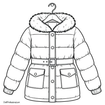 Black and white line art illustration of a winter puffer jacket with a fur collar