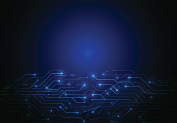 Abstract technology background with glowing blue circuit board lines and digital particle wave © royyimzy