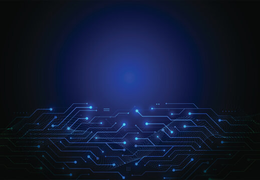 Abstract technology background with glowing blue circuit board lines and digital particle wave