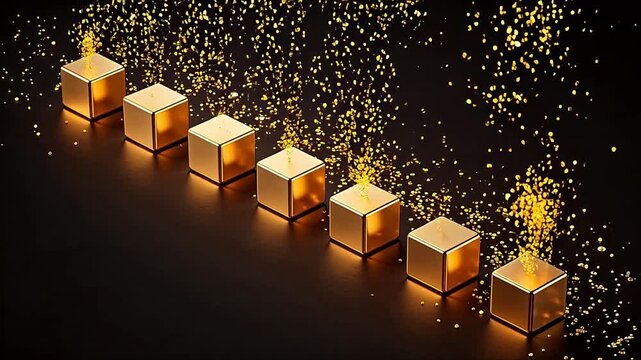 Golden cubes in a row with sparkles