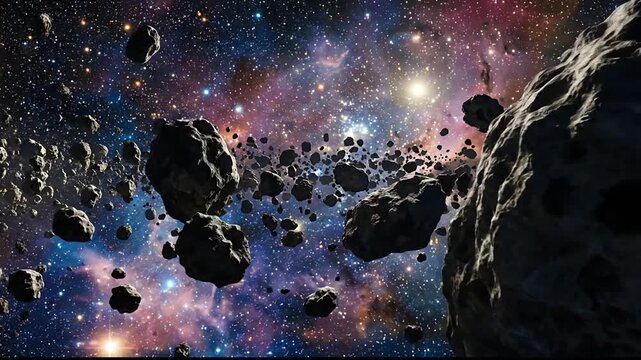 Cosmic asteroid field traversing a colorful nebula in deep space with floating rocks