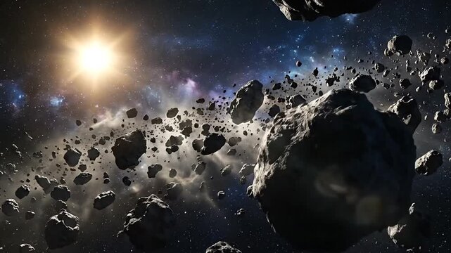 Vast asteroid field drifting through the cosmos with a distant galaxy and glowing star in the background