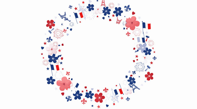 French Wreath Collage: Eiffel Tower, Flags, Fireworks, Flowers. Paris Celebration.