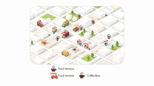 Food Trucks & Stalls on Isometric City Map Illustration