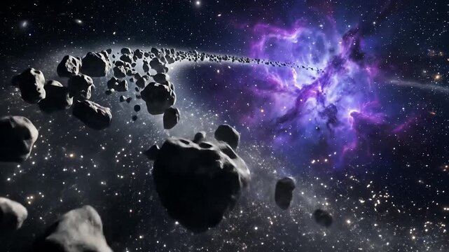 Stunning depiction of a cosmic asteroid field with vibrant nebula backdrop illustrating outer space exploration scenes
