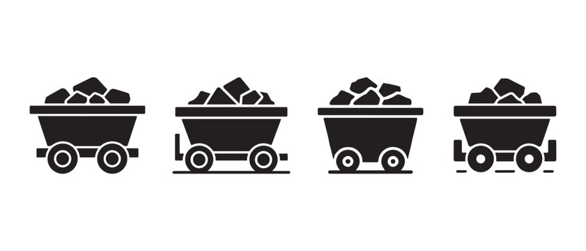 Mining cart icons set featuring coal transportation in a minimalist flat vector graphic style.