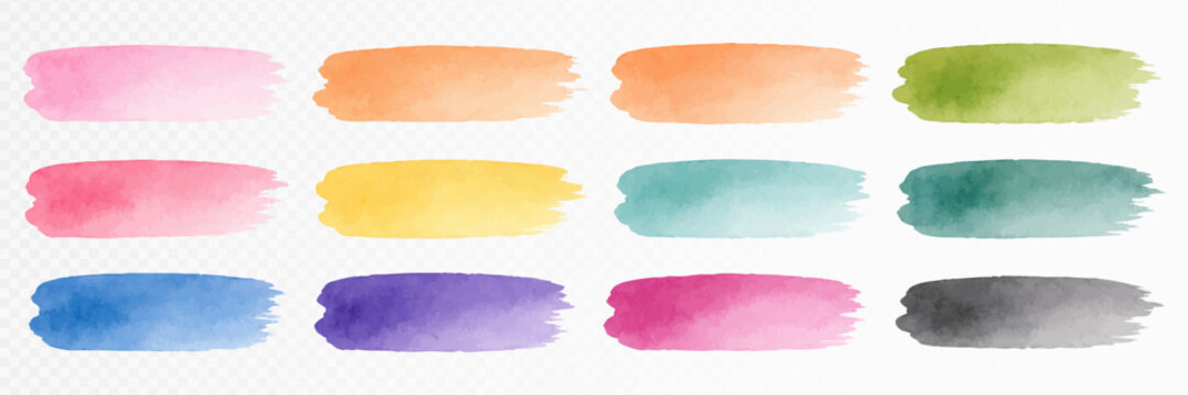 Colorful watercolor brush stroke swatches and painted label accents for creative design for stationery, planner pages, invitations and creative clipart projects. Vector illustration.