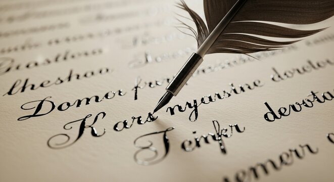 Feather quill pen writing on parchment paper with elegant script