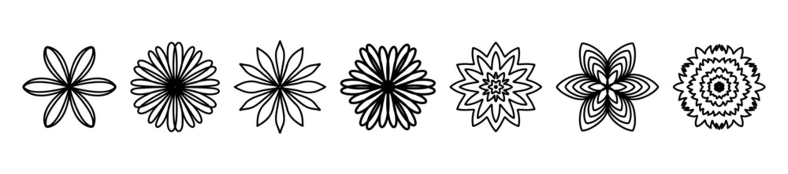 Hand drawn floral rosette ornament set with simple black line decorative flower symbols for stationery, planner pages, invitations and creative clipart projects. Vector illustration.