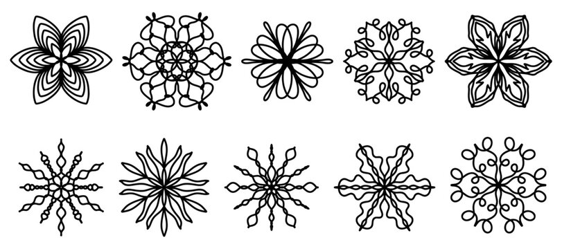 Hand drawn floral mandala rosette symbols set with decorative line ornaments for stationery, planner pages, invitations and creative clipart projects. Vector illustration.