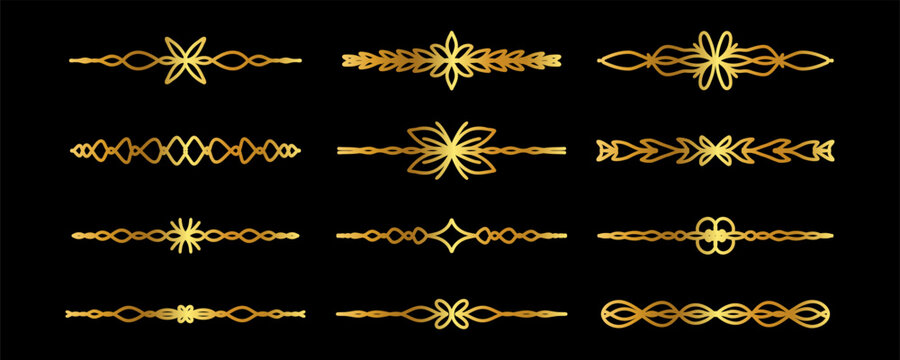 Gold ornamental divider set on black background with elegant vintage flourish borders for stationery, planner pages, invitations and creative clipart projects. Vector illustration.