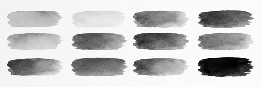 Black and gray watercolor brush stroke swatches with ink wash texture for labels and backgrounds for stationery, planner pages and creative clipart projects. Vector illustration.