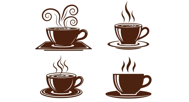 Four brown coffee cups with steam on saucers arranged in two rows on table