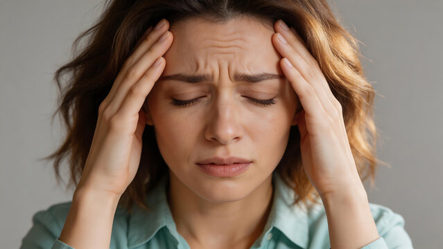 Woman holding head with hands