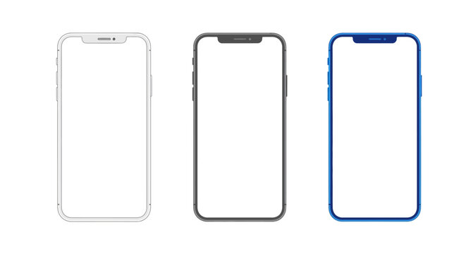 Minimalist smartphone vector mockups, set of 3 mobile phone wireframes with blank screens, modern digital device templates for UI UX design