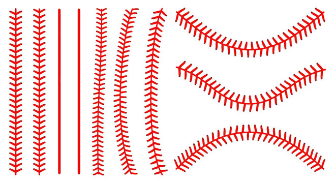 Baseball stitches vector set, red softball lace patterns, curved and straight sports ball seam elements for jersey design and apparel