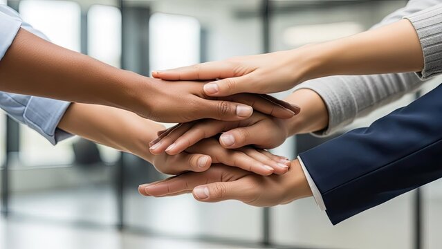 Diverse hands stacked together demonstrating teamwork and unity concept