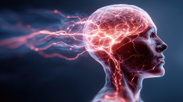 Red electrical lightning discharge within human brain profile.