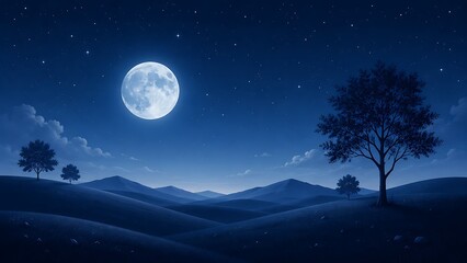 Fototapeta premium A serene moonlit landscape with rolling hills, glowing stars, and minimalist trees creates a peaceful atmosphere, inspiring calmness, wonder, and imagination.