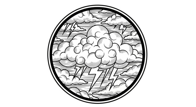 Detailed vintage style black and white illustration of a dramatic stormy sky with thunderclouds and lightning in a circular frame