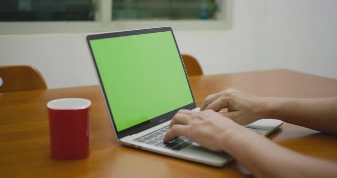 Slider shot of freelancer working on laptop at home with green screen.
