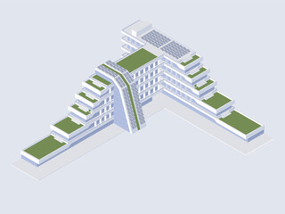Fototapeta premium Isometric five-story T-shaped eco building, green roof, solar panels