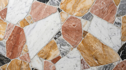 Obraz premium Elegant Palladiana Terrazzo Mosaic Texture Background with Multi Color Breccia Marble Polygons, Rustic Pink Yellow White Stone Composite Tile and Flooring Backdrop for Mediterranean Design 