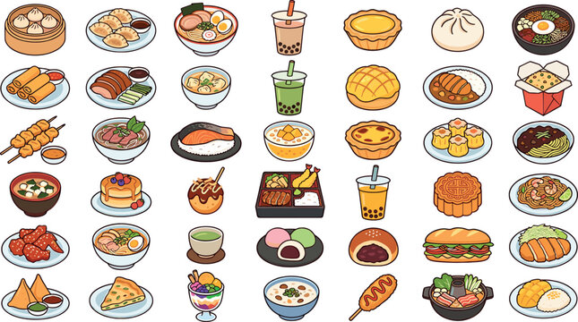 Comprehensive Asian food vector illustration collection featuring ramen noodles, sushi, dim sum dumplings, boba bubble tea, bento box meals, and popular global street food delicacies.